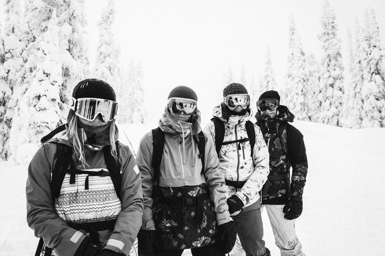 Kellly Clark, Chloe Kim, Anne Molin, and Shannon Dunn in the backcountry.