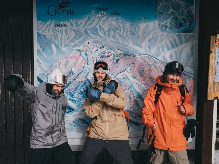 The Burton Presents Team: Mikkel Bang, Christian Haller, and Japanese Burton rider Shota Suzuki